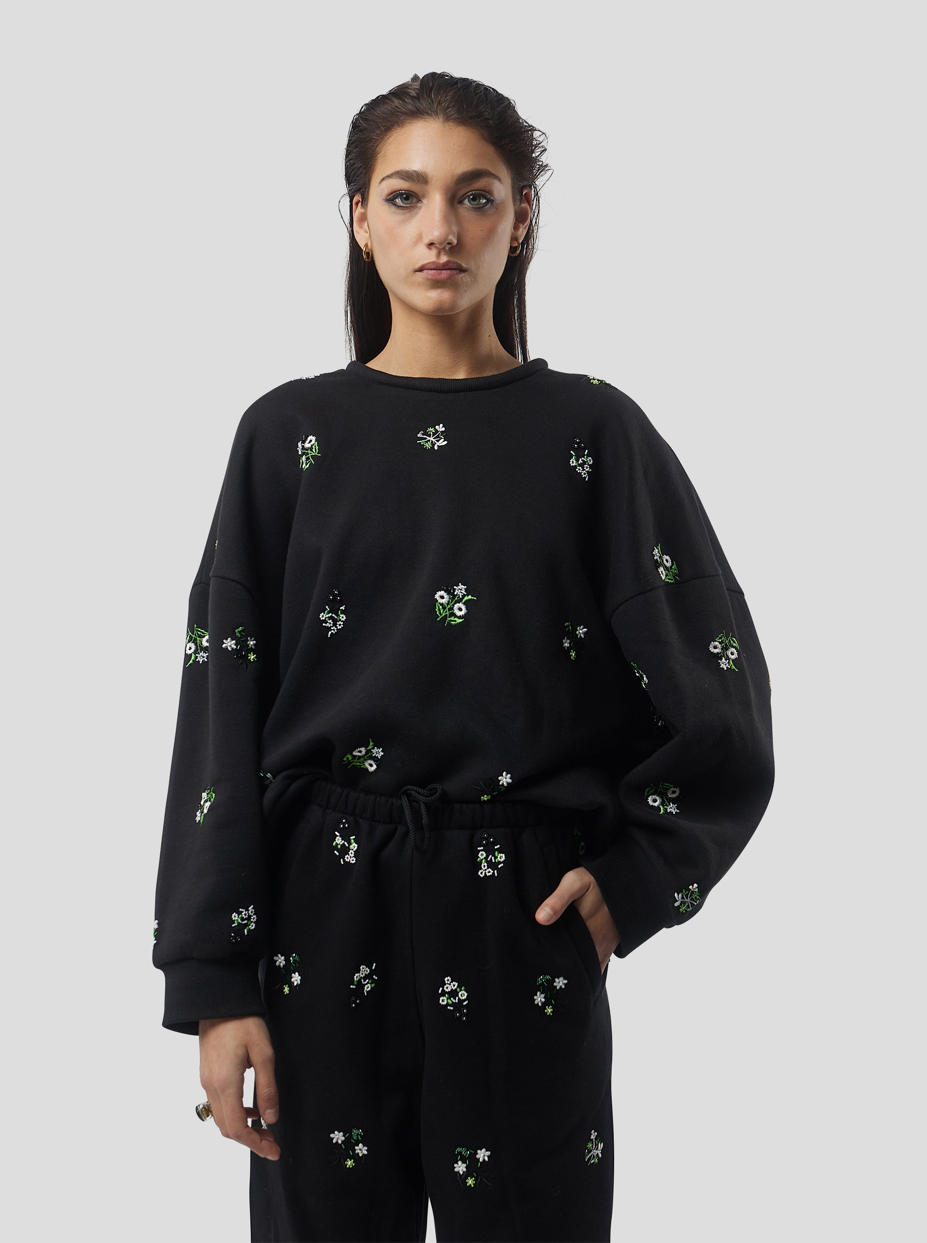 Harlem jumper in black beaded embroidered fleece