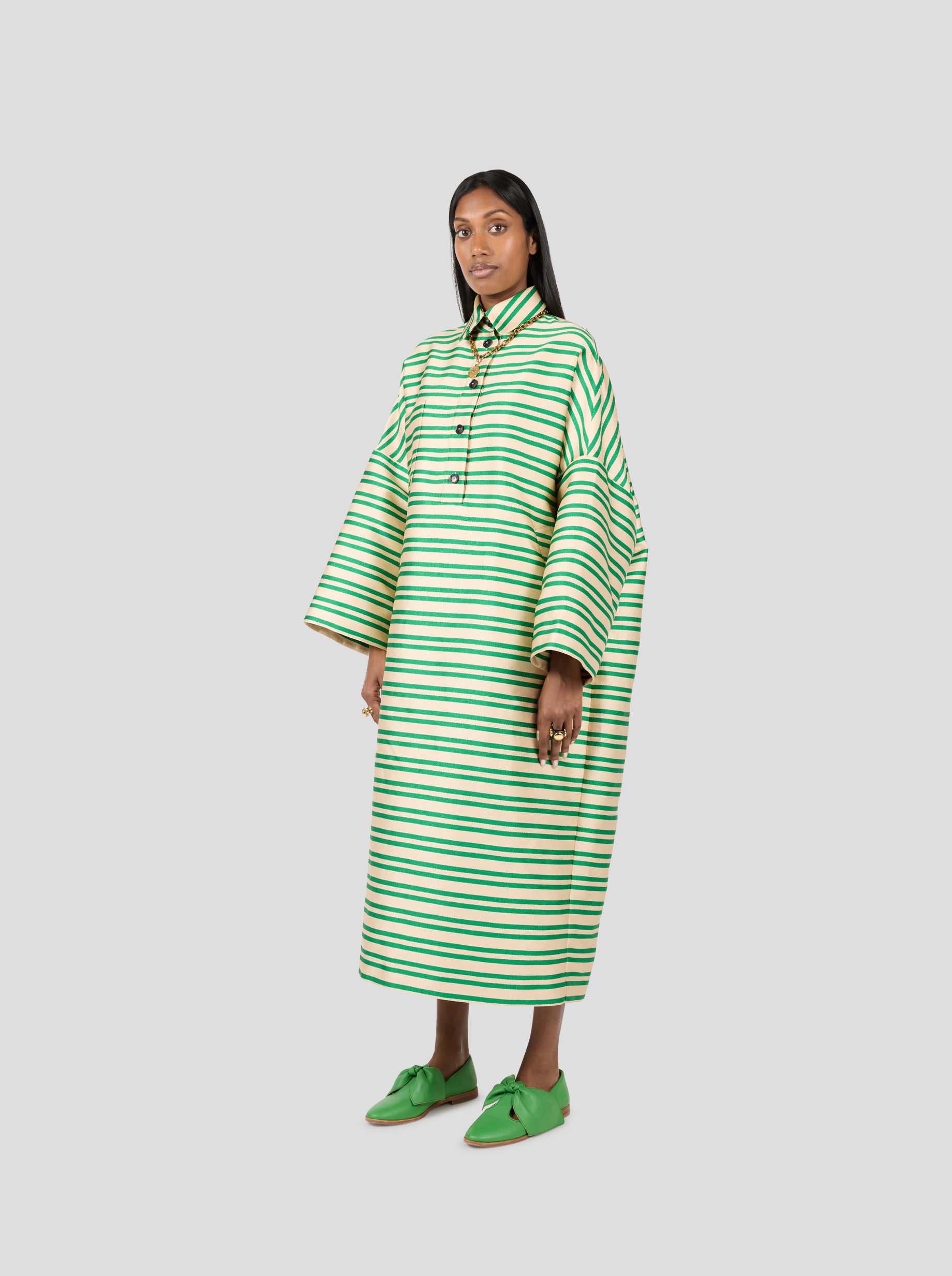 Milo Dress in Bold Green Striped toile