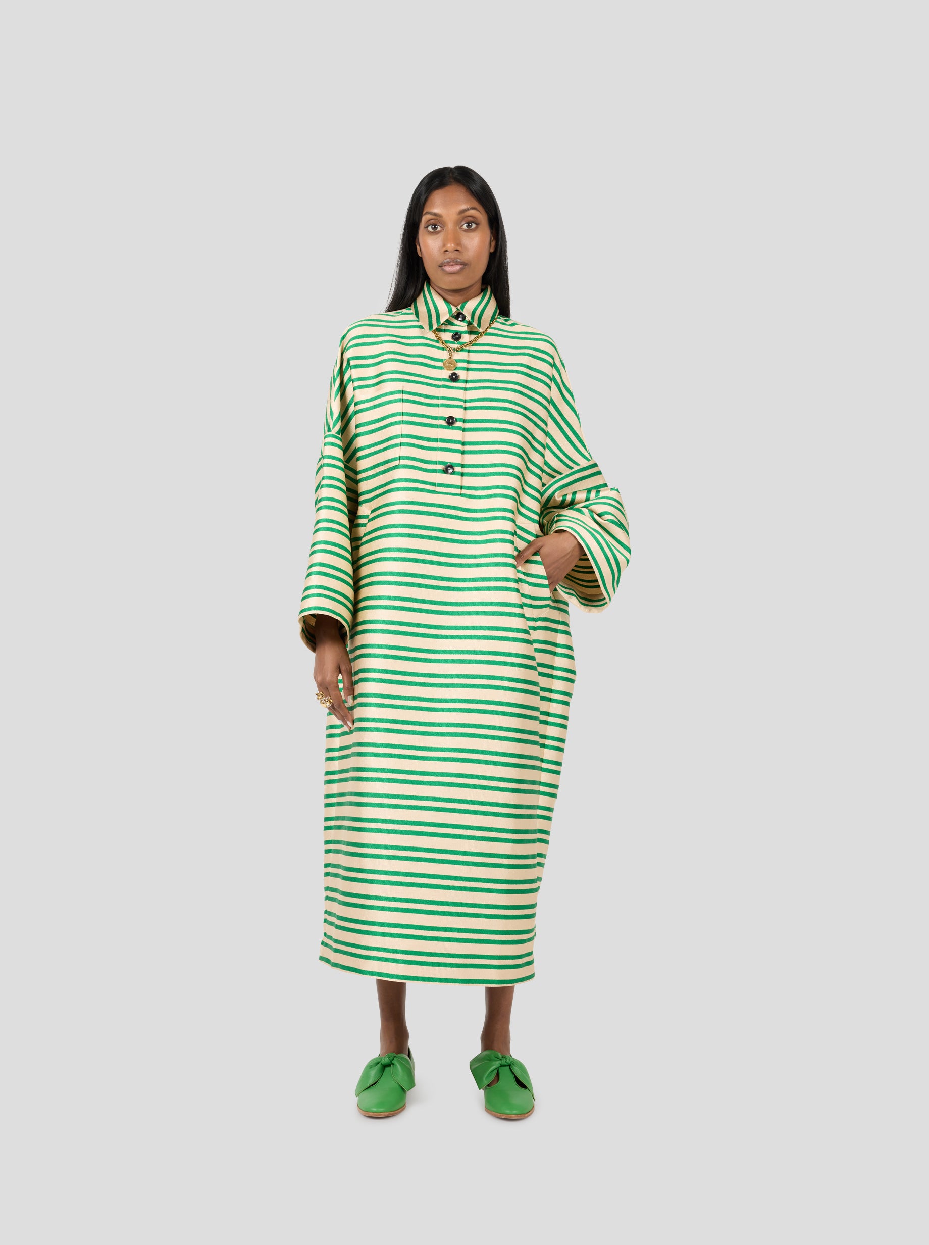 Milo Dress in Bold Green Striped toile