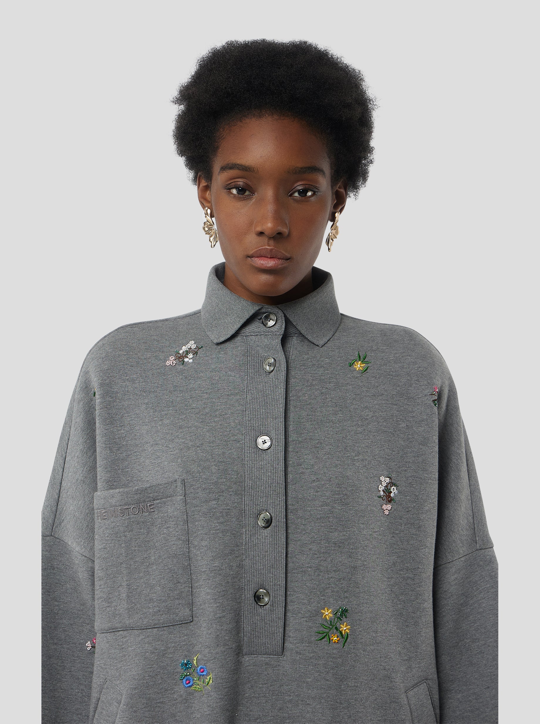 Milo dress in grey beaded embroidered fleece