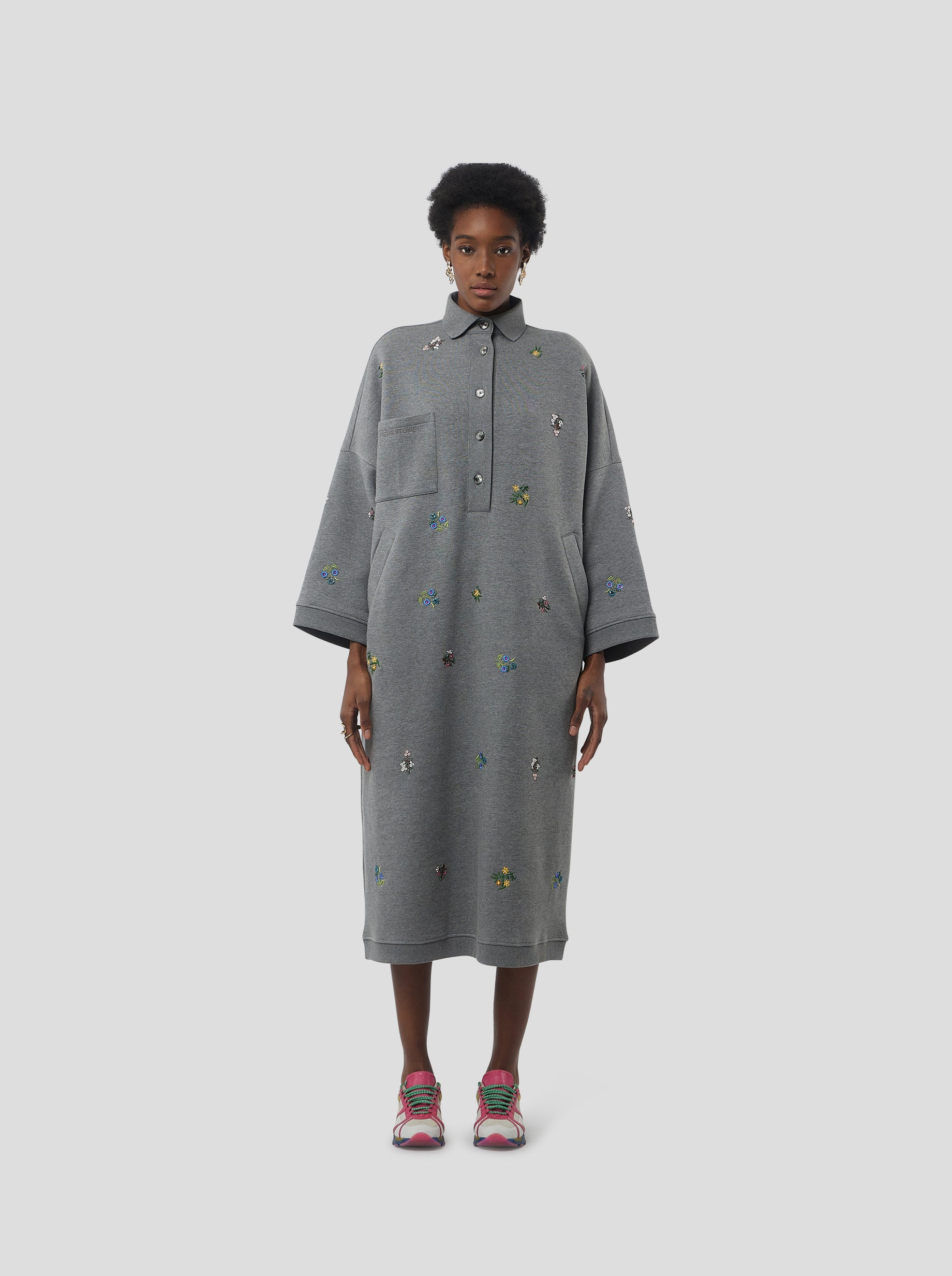 Milo dress in grey beaded embroidered fleece