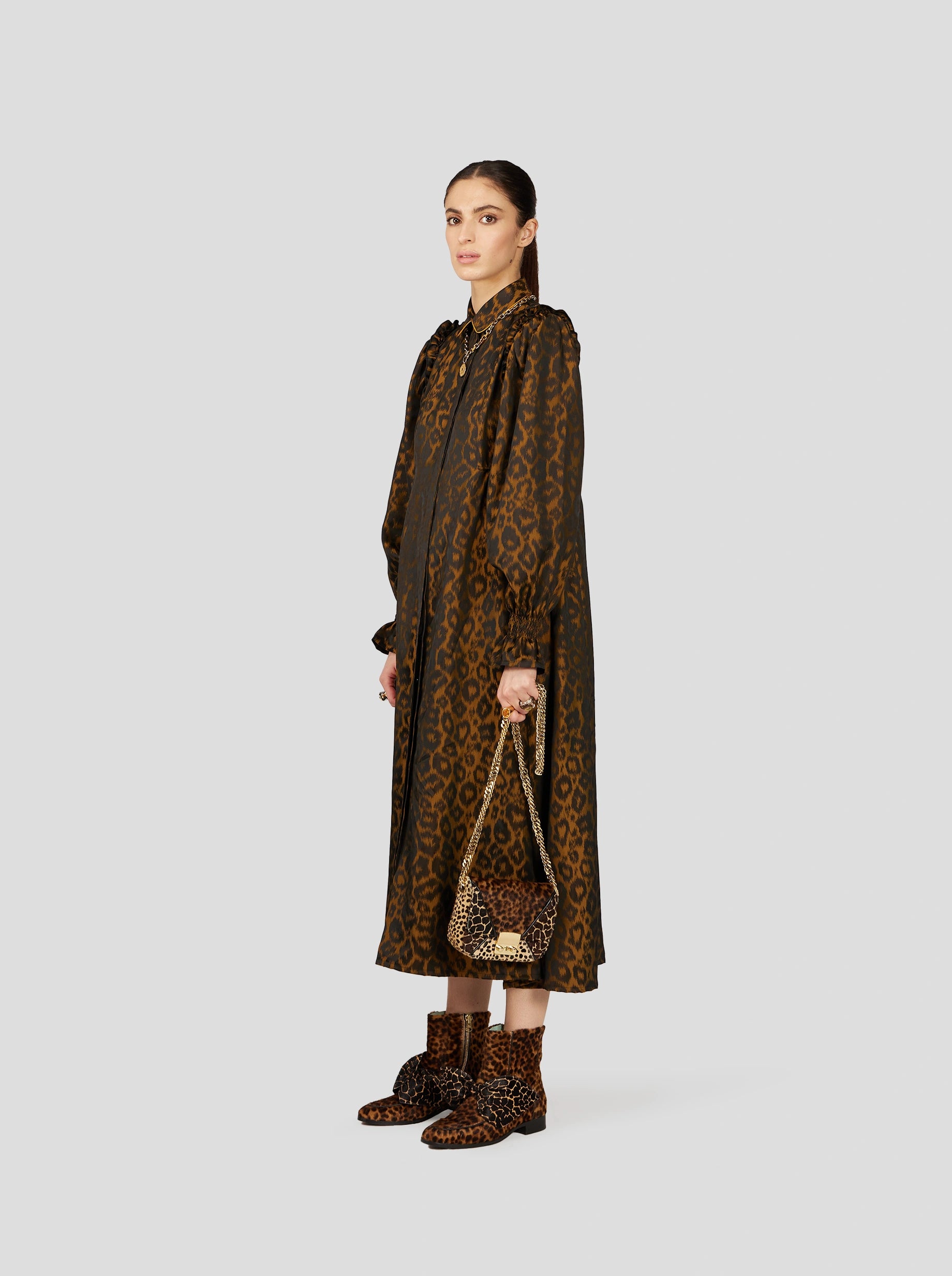 OMA DRESS IN BRONZE LEOPARD